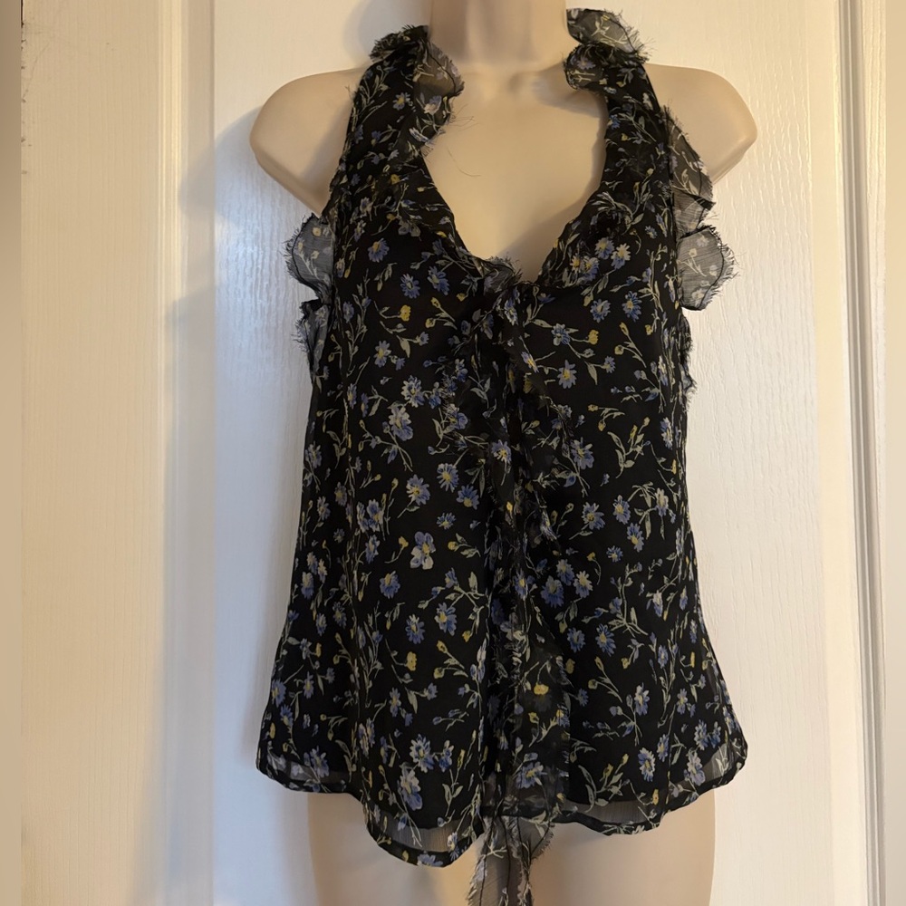 Topshop Black Floral Ruffle Halter Top Size 4 Whimsigoth Business Party Career
